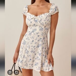 Reformation Pacey Cream and Blue Floral Mini Dress